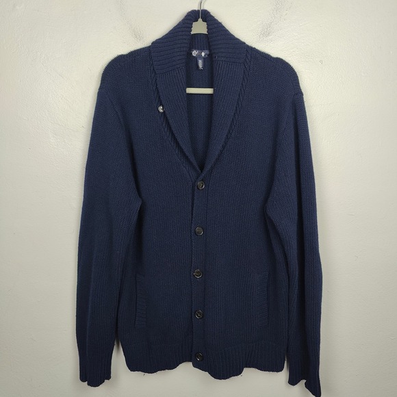 Vintage J Crew Shawl Collar Sweater Mens Large Navy Blue Wool Rabbit Blend Knit - Picture 2 of 10